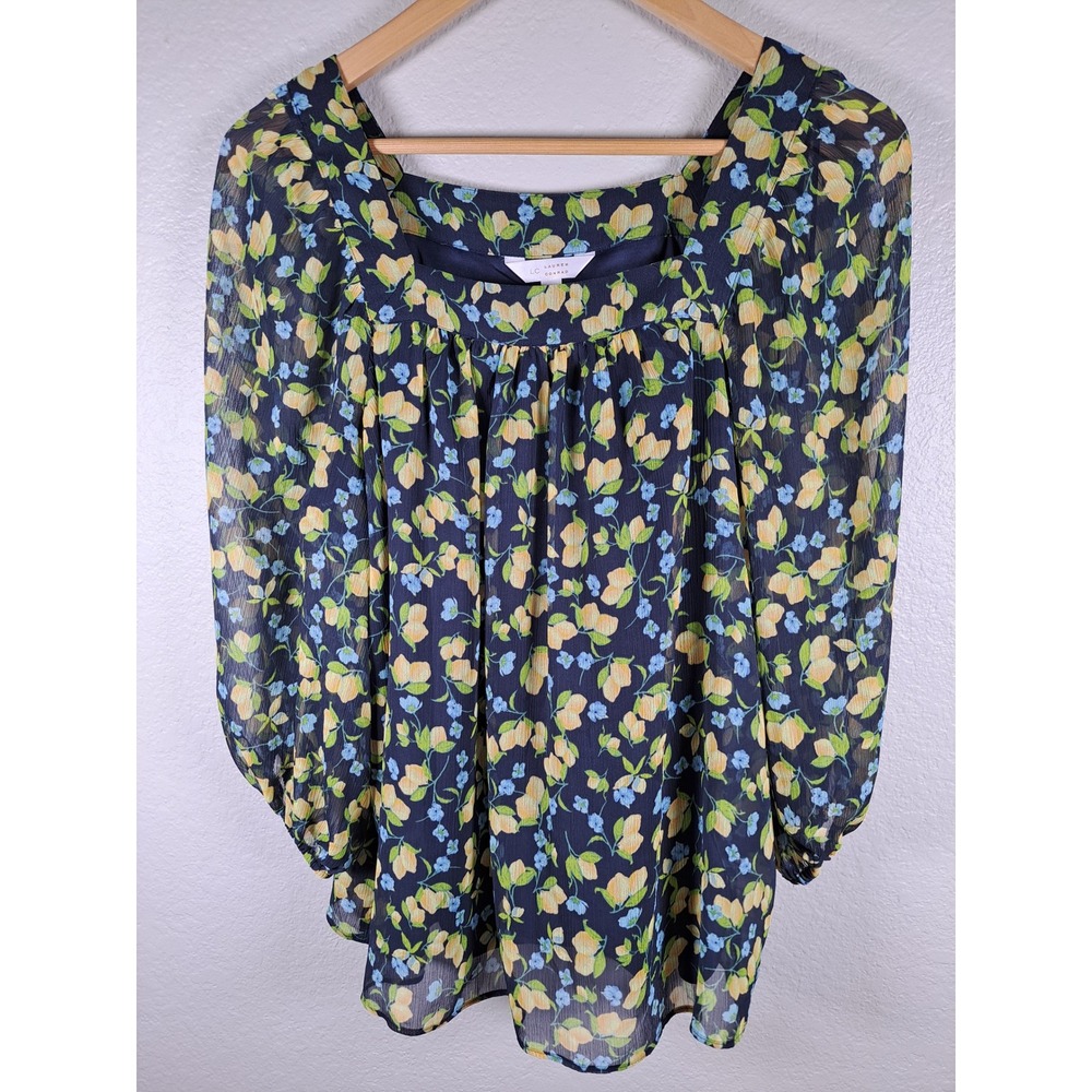 LC Lauren Conrad Lemon Floral Chiffon Blouse Navy Square Neck Balloon Sleeve M